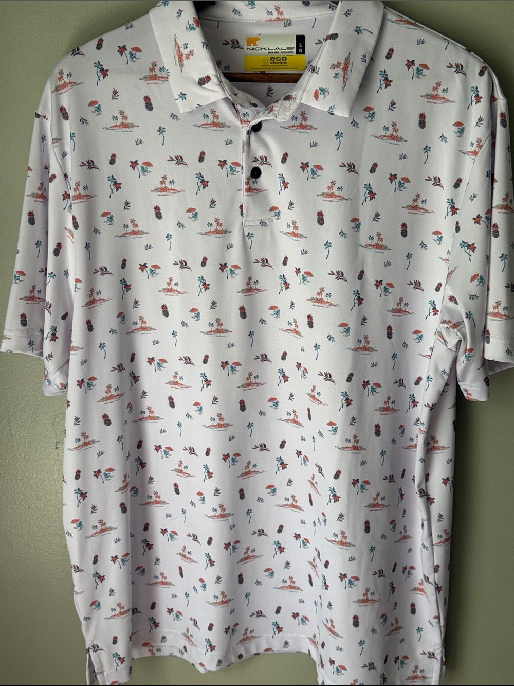 NICKLAUS White Short-Sleeve Polo with Tropical Micro Print